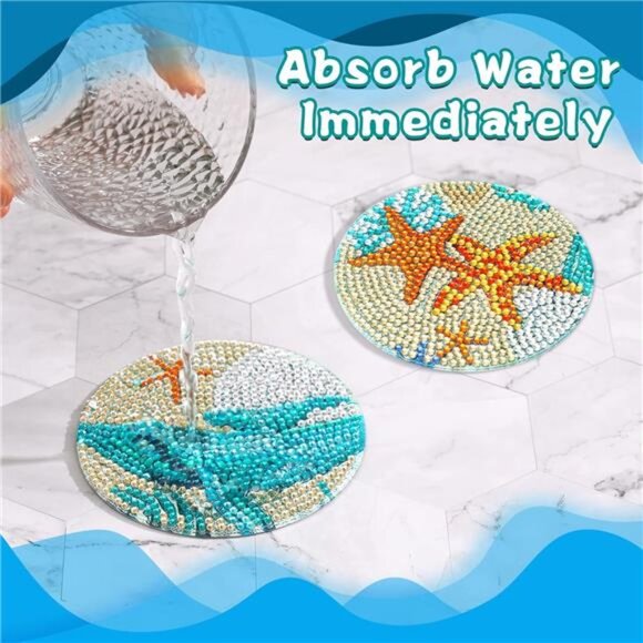 Ocean Diamond Art Painting Coaster Kit, 8Pcs DIY Crafts Kit with HolderNon Slip - Picture 5 of 7